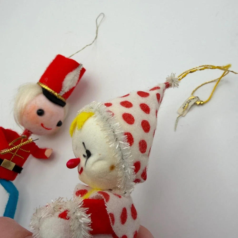 Vintage Felt Christmas Ornaments Lot of 2 Japan Pixie Clown & Toy Soldier